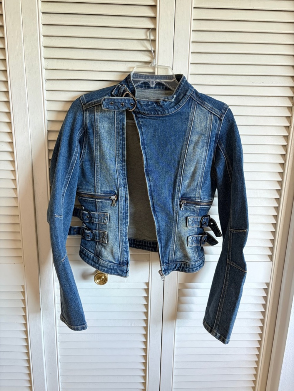 Fitted Blue Denim Moto Jacket with Buckle Accents
